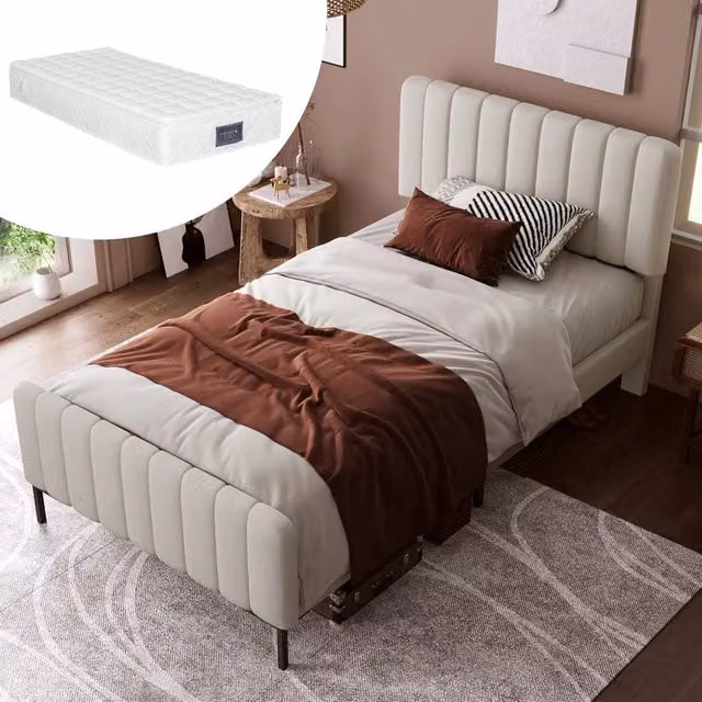 Letto singolo 90 × 200 cm con rete a doghe testiera imbottita regolabile in lino grigio beige legno e metallo