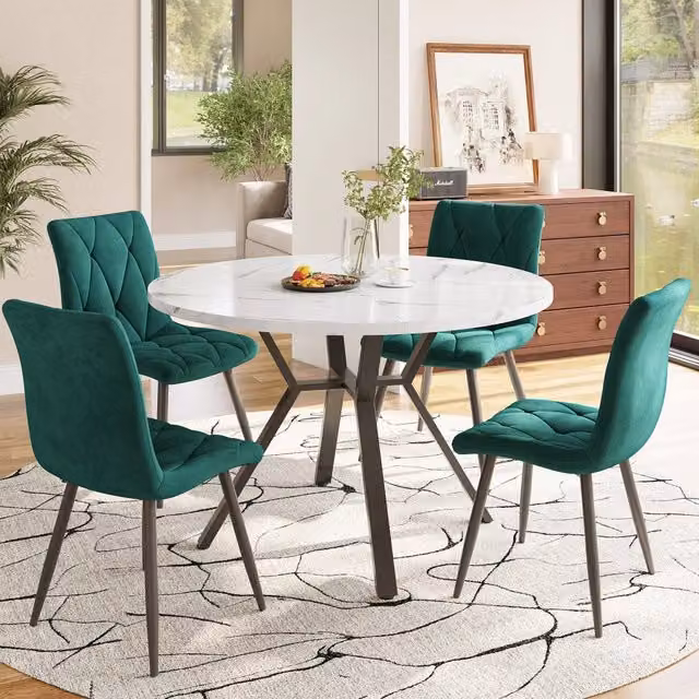 Tavolo da Pranzo Rotondo Effetto Marmo con 4 Sedie ¨C MINIMAL ¨C Piano Marmo, Gambe Metallo Nero, Seduta Verde