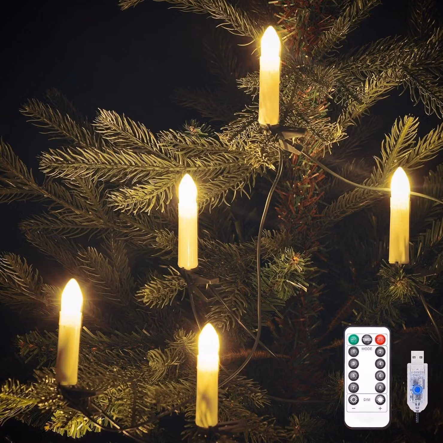 Catena luminosa a LED per albero di Natale, 40 LED, luce bianco caldo, alimentazione USB, con dimmer