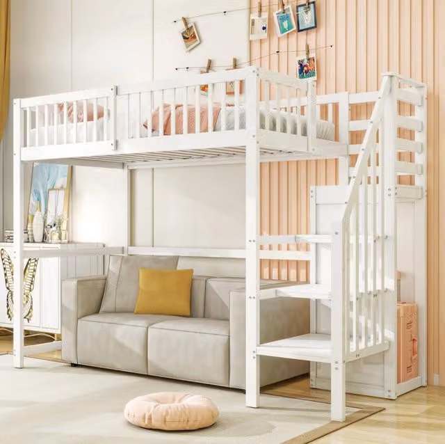 Letto a soppalco 90x200 cm bianco con scala e vano contenitore, senza materasso