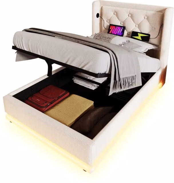 Letto contenitore singolo con materasso ibrido incluso, illuminazione sottostante e porta USB Type-C, colore beige, L/P/H: 90 x 200 x 36 cm – 1