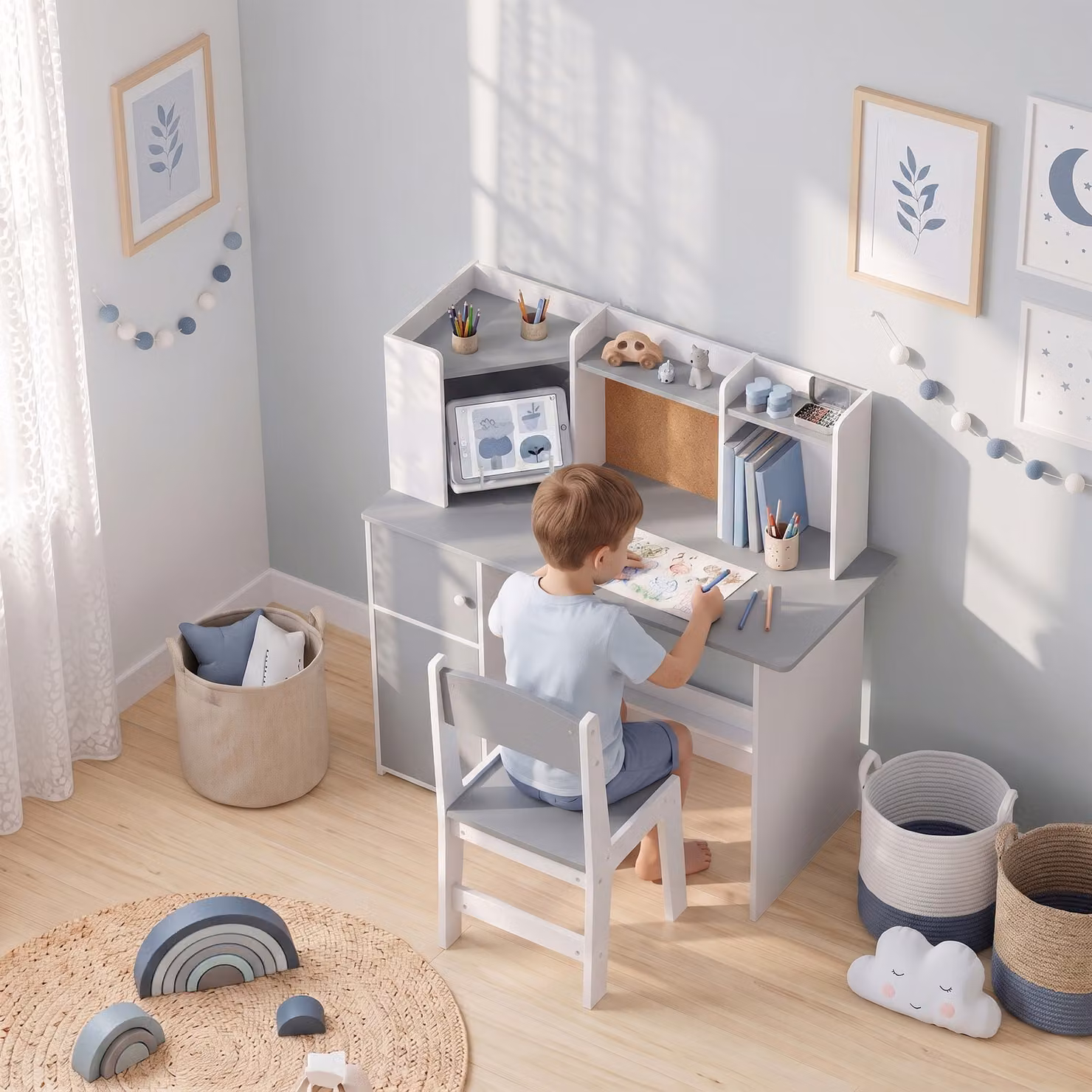 Set Scrivania e Sedia per Bambini AIYAPLAY con Portapenne, Supporto Tablet, Armadietti e Bacheca, Grigio – 2
