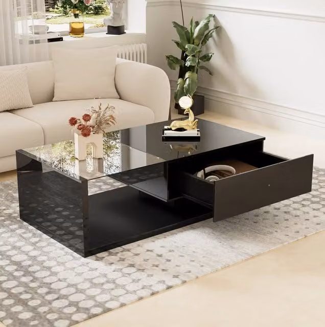 Tavolino da salotto ULEVR 105x55 cm nero lucido con piano in vetro temperato, LED a 16 colori e vano portaoggetti