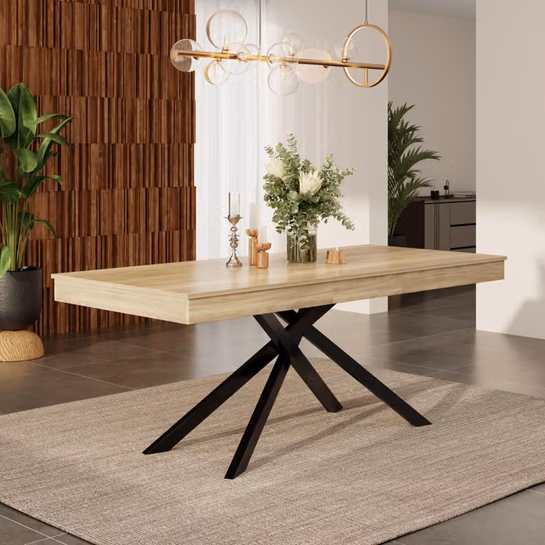 MODFU Tavolo da pranzo allungabile da soggiorno con piano ispessito, tavolo da cucina pieghevole con gambe in metallo e forma corretta, adatto per 6-8 persone, colore rovere