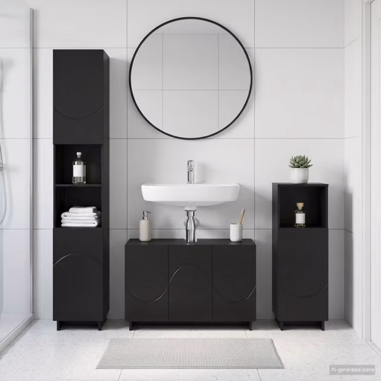 Set di mobili da bagno moderno vidaXL in 3 pezzi nero opaco con base lavabo, pensile e colonna alta L/P/H: 67.39 x 41.0 x 101.0 cm, 41.0 x 3.0 x 180.0 cm e 67.39 x 41.0 x 101.0 cm