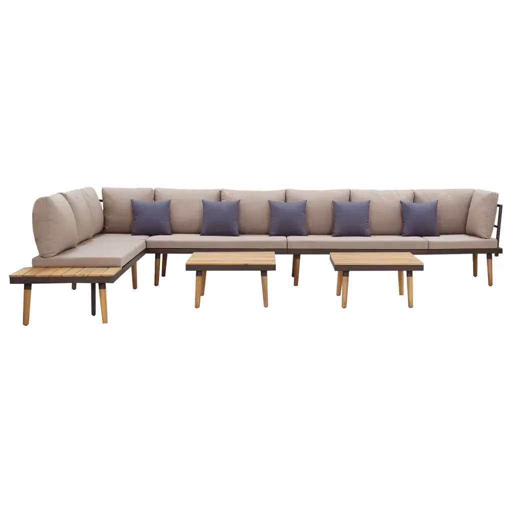 Set Divani da Giardino L forma vidaXL con Cuscini in Acacia e Acciaio, 7 Posti, Colore Beige, Grigio o Marrone – 2