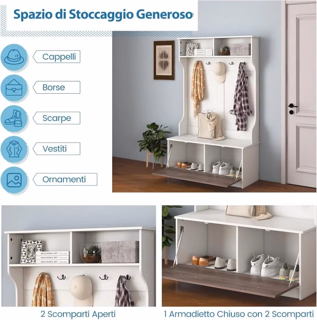Costway Armadio con Appendiabiti Multifunzionale e Panca con 5 Ganci Doppi, Organizzatore per Ingresso o Camera da Letto, L 100 cm x P 39 cm x H 160 cm, Bianco – 2