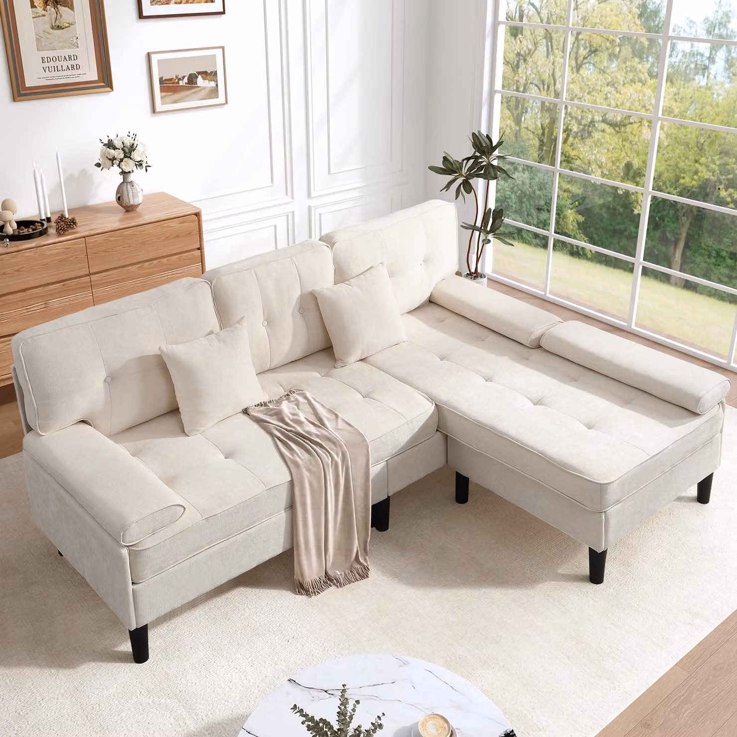 Divano modulare okwish, divano ad angolo con poggiapiedi, set di sedute, divano a tre posti con funzione letto, chaise longue flessibile, in velluto, adatto per soggiorno o camera da letto, color beige chiaro