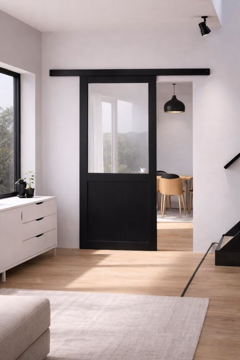 Porta scorrevole da laboratorio nera con vetro H204 x L73 cm senza traverso, binario in alluminio con fascia nera, GD MENUISERIES