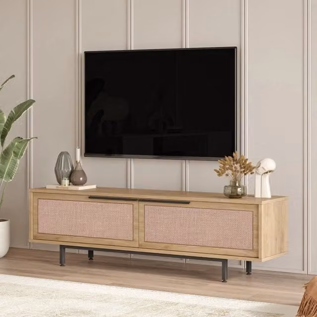 Mobile TV Kvænangen en.casa con 2 scomparti chiusi in effetto rovere e rattan, colore marrone e nero, L: 160 cm, P: 35,5 cm, H: 45 cm
