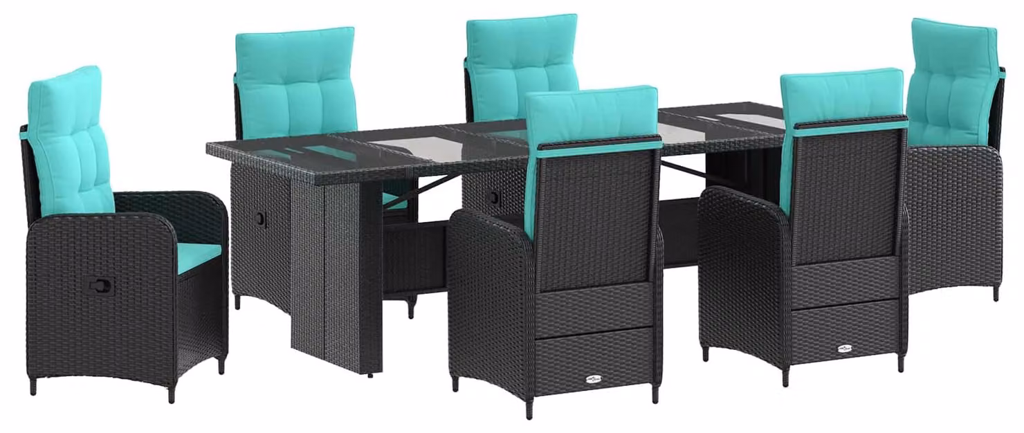 Set da tavolo da esterno, 7 pezzi, in rattan sintetico nero e turchese