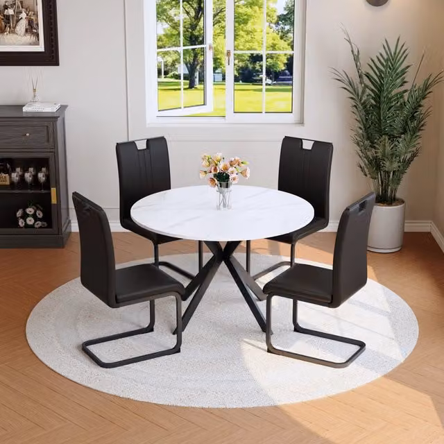 Set tavolo e sedie da pranzo rotondo MIVRAY con piano in MDF effetto marmo bianco lucido e sedute in PU nero con struttura in metallo