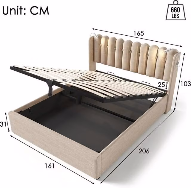 Letto a cassone imbottito - Xylo - 160x200 cm - Beige - Con funzione di carico e due luci da lettura
