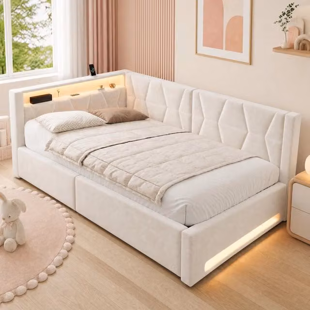 Letto contenitore 140x200 cm in metallo e velluto beige con LED e USB -