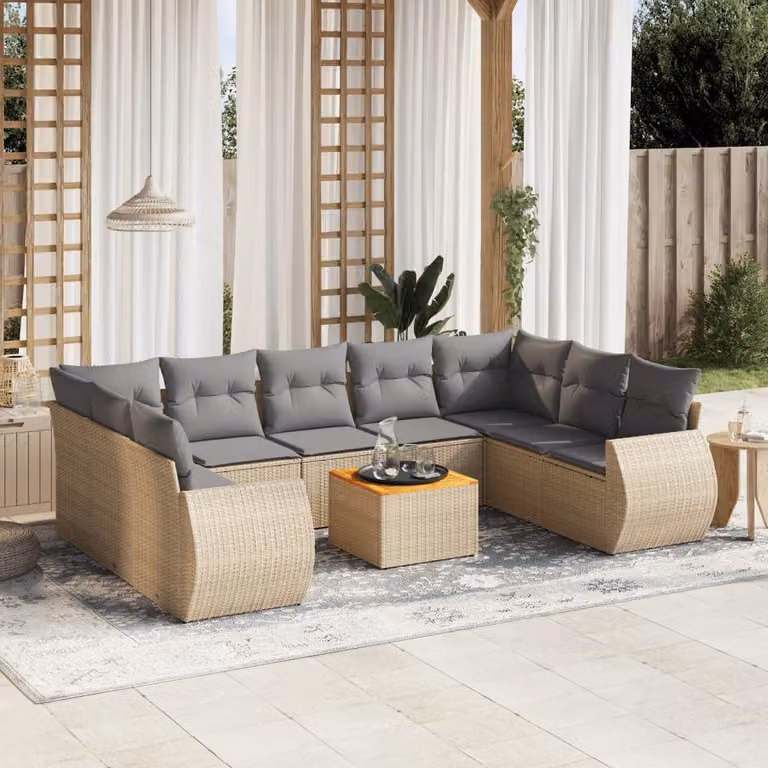 vidaXL Set Divano da Giardino 10 pz con Cuscini Beige e Grigio in Polyrattan e Legno di Acacia