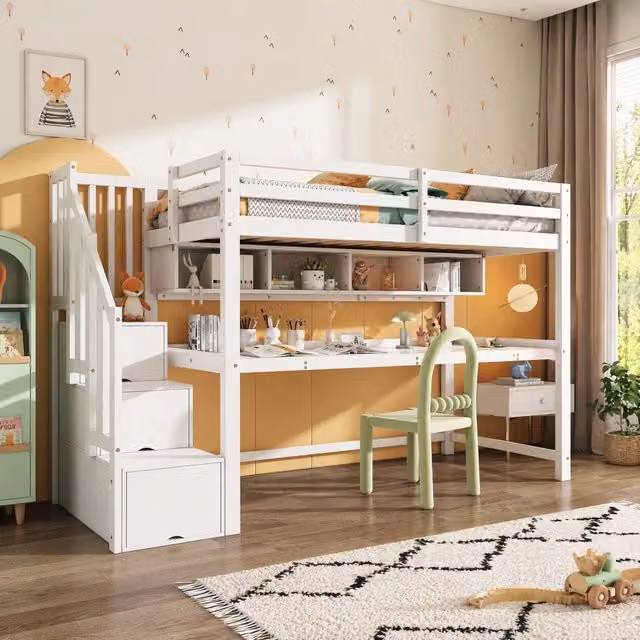 Letto a soppalco per bambini 90x200 cm in legno massello e MDF con scala contenitore, scrivania e scaffali integrati, bianco