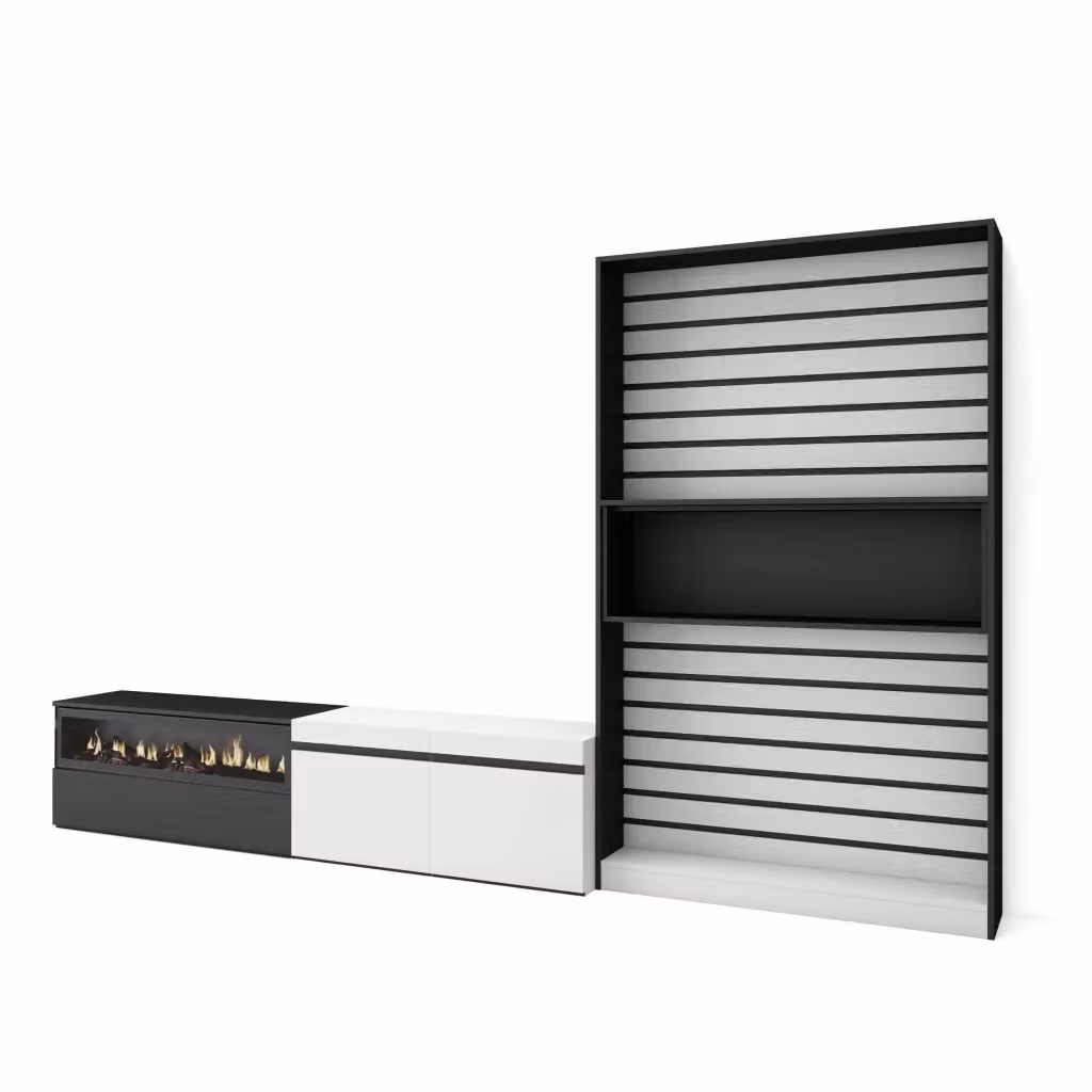 Mobile TV per soggiorno Skraut Home con camino elettrico, Bianco e nero, L: 310 cm, P: 35 cm, H: 186 cm – 2
