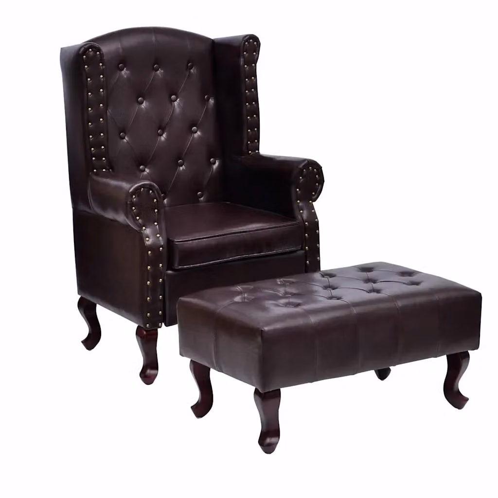 Poltrona Chesterfield con Poggiapiedi vidaXL in Similpelle Marrone con Struttura in Legno Massello – 2