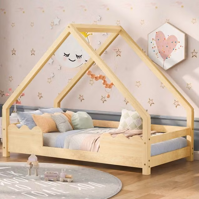 Letto a casetta per bambini 90x200 cm con sponde in legno massello di pino naturale