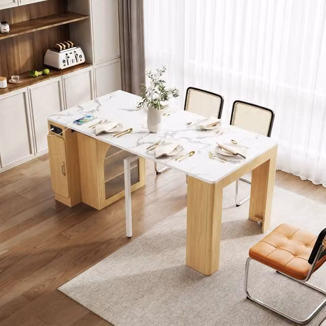 Tavolo da pranzo allungabile 83x39.6~79.6~119.6~149.6x77 cm con ruote e 3 piani in MDF naturale