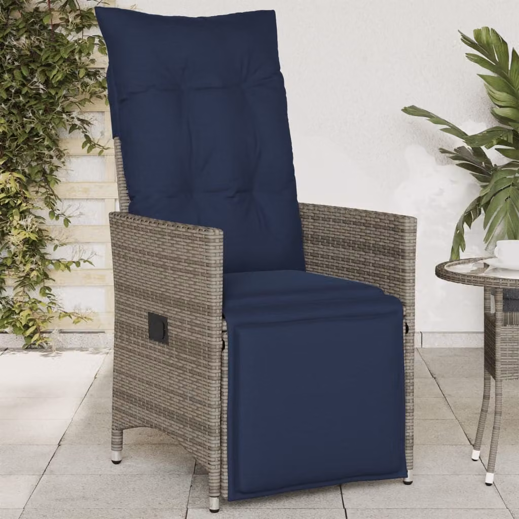 Sedia da giardino reclinabile vidaXL in polyrattan grigia con cuscini e braccioli