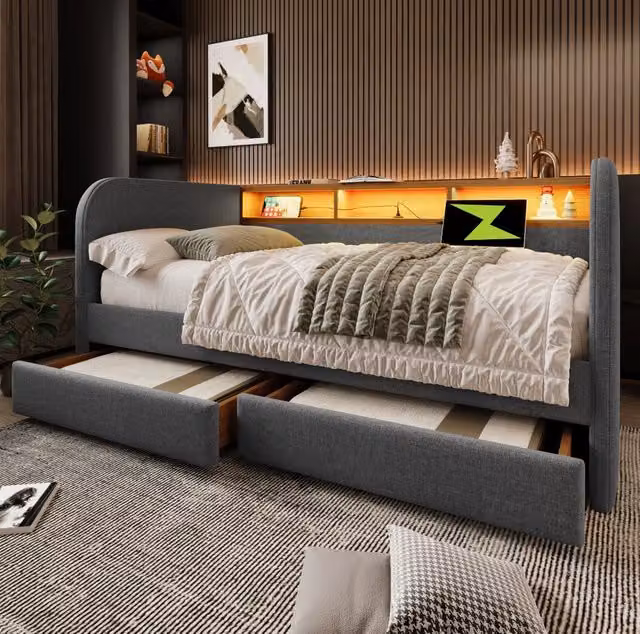 Letto imbottito 140x190 cm con LED; USB-C; 2 cassetti e vano a giorno; lino grigio