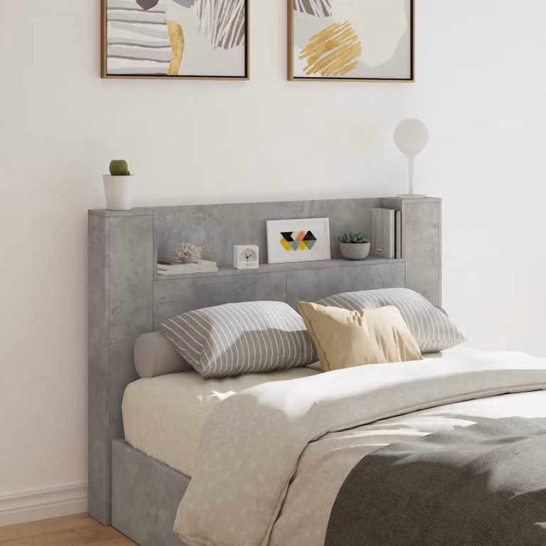 Testata del letto con mobile e illuminazione LED vidaXL in effetto calcestruzzo e legno ingegnerizzato, colore grigio, L: 140,0 cm, P: 19,7 cm, H: 103,5 cm
