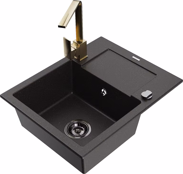 Mexen Enzo lavello in granito a 1 vasca con scolapiatti e miscelatore da cucina Rita, nero/oro metallico - 6506-75-670300-50-B