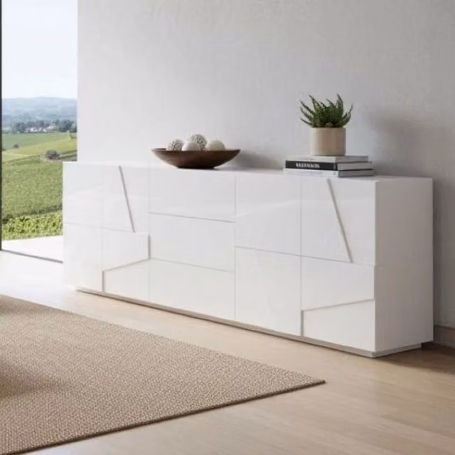 Credenza moderna a 4 ante e 3 Zeus, Made in Italy, Madia da cucina con dettaglio, Buffet di design da soggiorno, cm 224x44h86, Bianco lucido