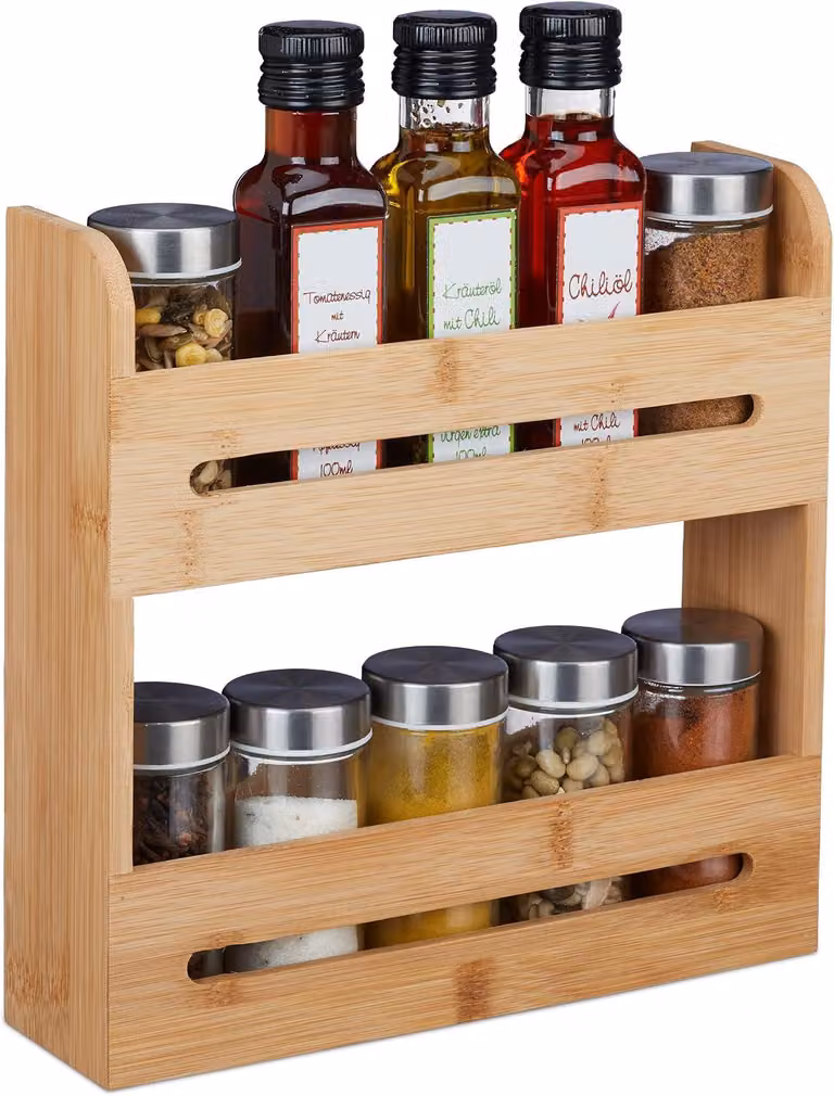 Portaspezie in bambù - 2 ripiani - 25 x 25 x 7 cm - Da appoggiare sul piano di lavoro - Portaoggetti da cucina a colonna - Organizer - Naturale