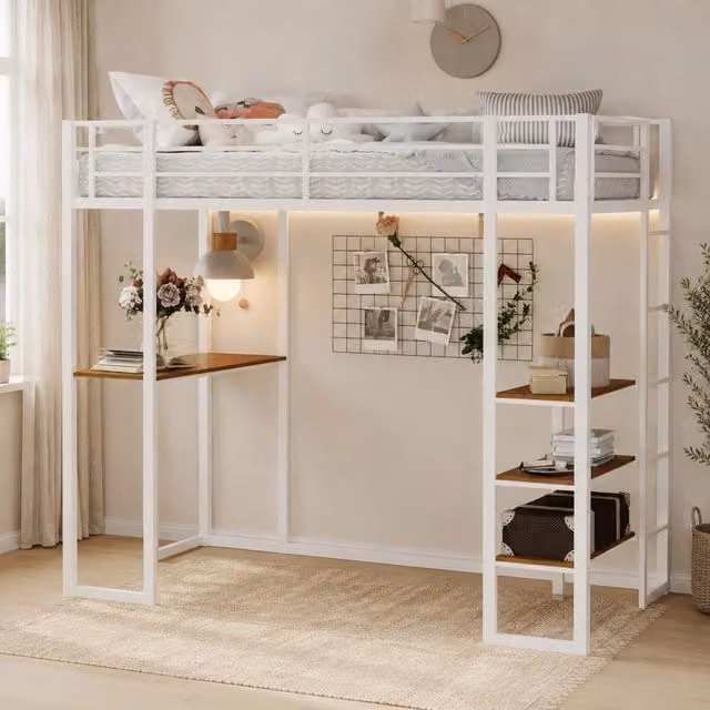 Letto a soppalco in ferro con scrivania e scale su entrambi i lati; bianco
