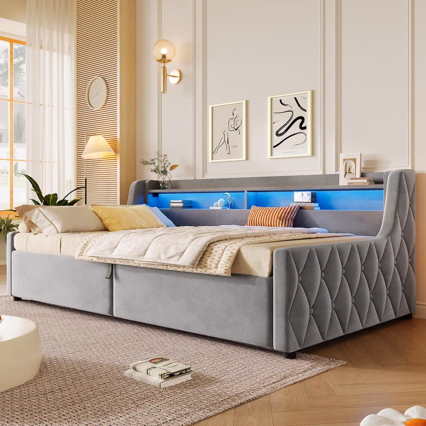 Letto imbottito 90x200 cm con spazio contenitore ad apertura idraulica, illuminazione LED multicolore integrata nella testiera, rivestimento in velluto, capacità di carico fino a 150 kg, colore grigio