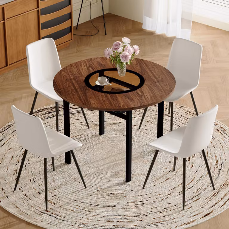 Set da pranzo STILVORA con vano portaoggetti integrato e 4 poltrone bianche inPoliuretanoTavolo da pranzo rotondo con diametro di 100 cm in finitura effetto legno marrone Set da pranzo per sala da pranzo e cucina