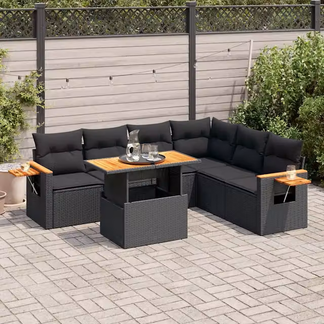 Set Divani da Giardino con Cuscini 7pz Nero Polyrattan Acacia 3327604