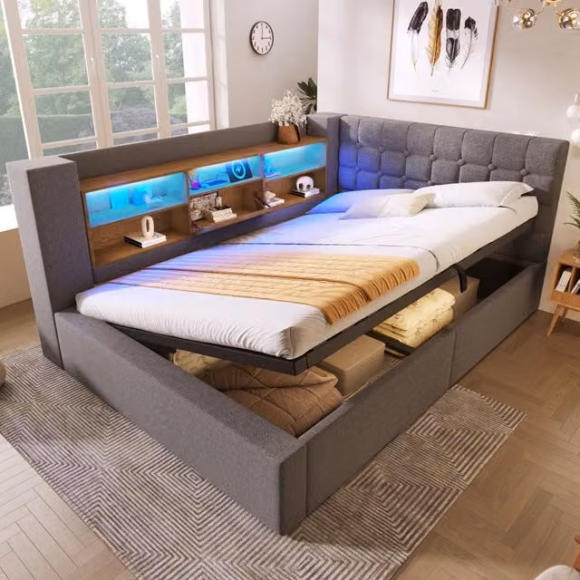 Letto imbottito idraulico con illuminazione a LED 140x190 cm colore grigio lino