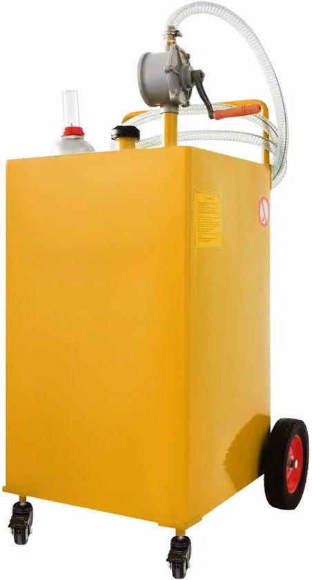 Serbatoio da 35 litri con struttura a gabbia, colore giallo, dotato di pompa manuale, adatto per automobili, trattori, veicoli agricoli, imbarcazioni e altro