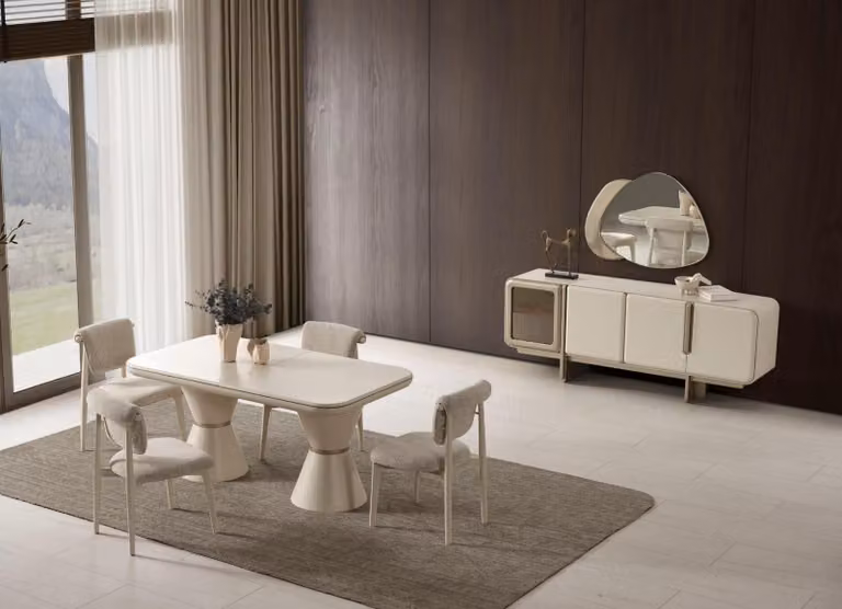 Set da pranzo beige, elegante tavolo da pranzo, robusta credenza, composto da 2 elementi