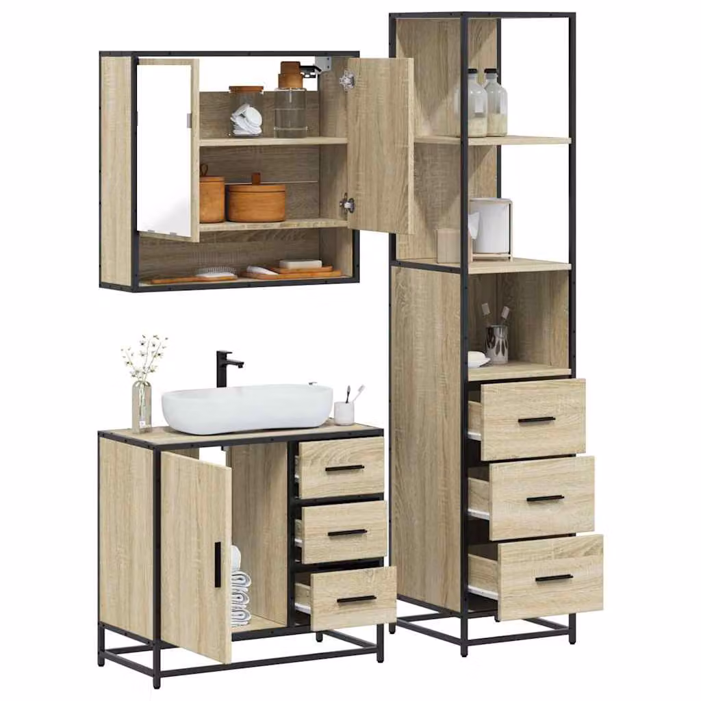 Set di mobili da bagno industrial vidaXL in legno e metallo marrone composto da armadietto specchio, mobile lavabo e colonna alta, L/P/H: 60 x 20 x 65 cm