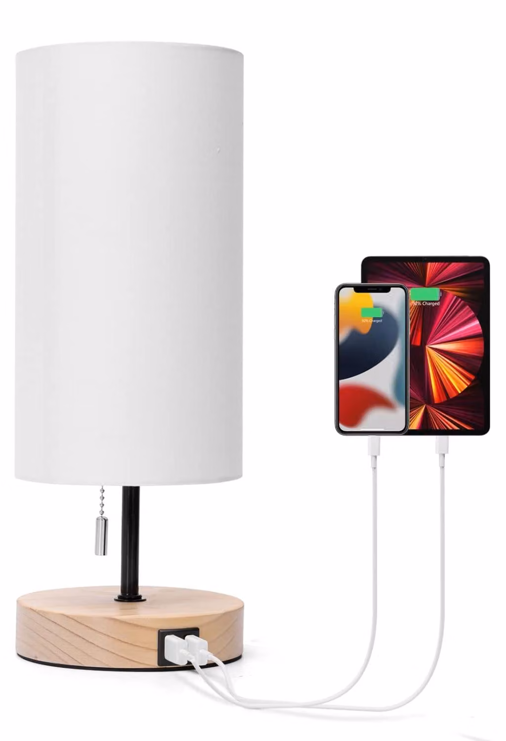 Lampada da comodino Aigostar con 2 porte di ricarica USB, lampada da tavolo con attacco E27 e interruttore a tirante, base in legno, lampada da tavolo moderna per camera da letto, soggiorno, scrivania, cameretta dei bambini - Bianca