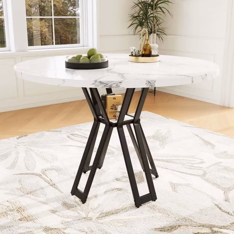 Tavolo da pranzo AIORBER, struttura in metallo, pomolo regolabile, gamba nera, posti a sedere 4-6, marmorizzato, per sala da pranzo e soggiorno, 100 x 100 x 76 cm, bianco