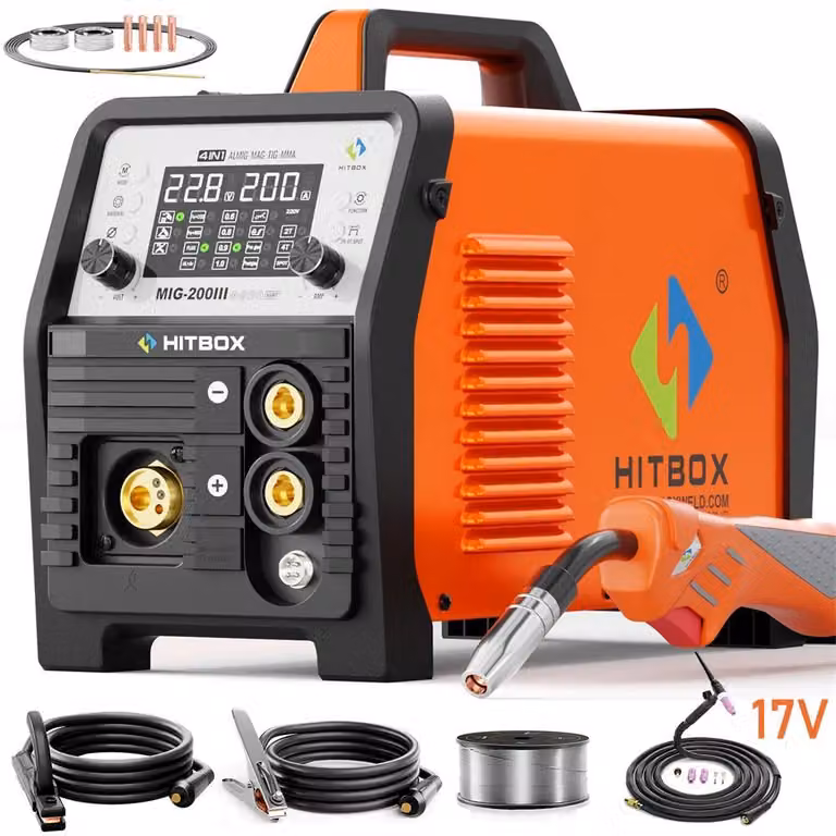 Saldatrice MIG/MAG/MMA/TIG - MIG200III - 200 A 220 V - MIG/MAG con gas e filo animato - MMA - TIG con accensione LIFT e torcia da 17 V - Spina UE - Rosso ruggine