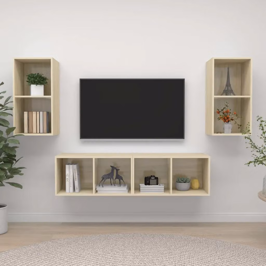 Mobile TV a parete moderno in truciolato Rovere Sonoma beige con 4 pezzi per il tuo soggiorno – 2