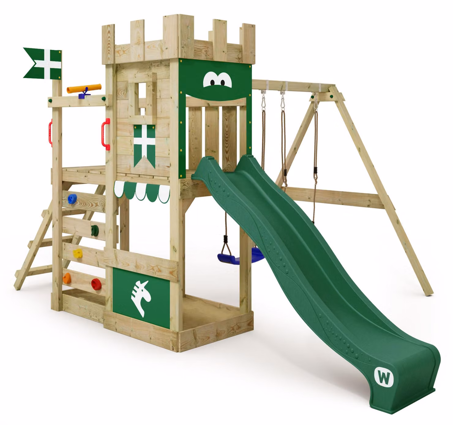 Torre giochi Wickey RoyalFlyer con altalena e sabbiera in verde