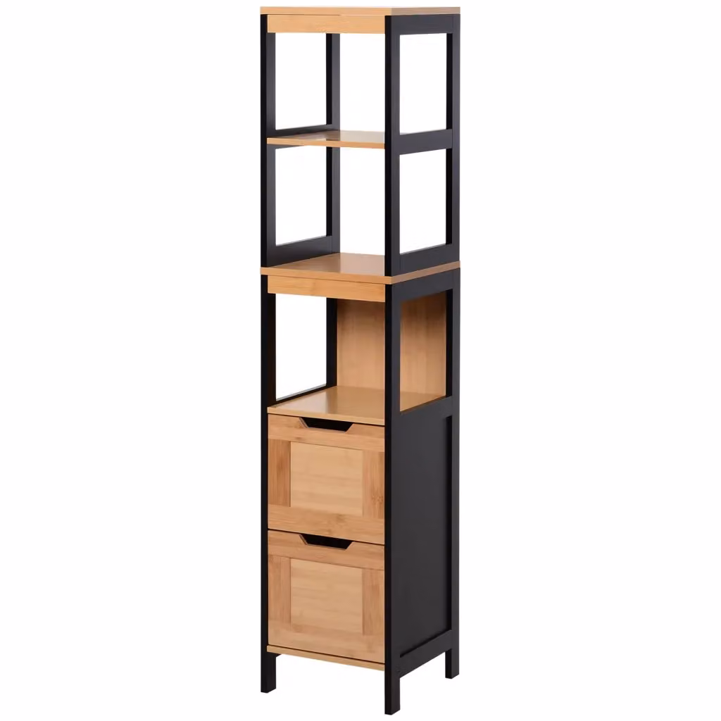 Colonna da bagno Minimal con cassetti e vani aperti in legno MDF e bambù, colore nero, L/P/H: 30 x 30 x 144 cm – 2