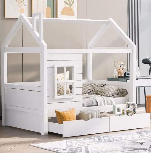 Letto a casetta per bambini in pino massello; per materasso 80 × 160 cm; con rete a doghe e 2 cassetti; bianco