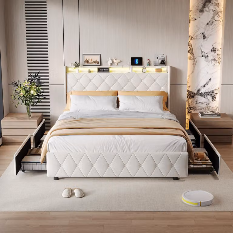 Letto da 160 x 200 cm con contenitore, illuminazione a LED e porta USB, letto singolo imbottito con 4 cassetti, rete a doghe, rivestimento in velluto, beige