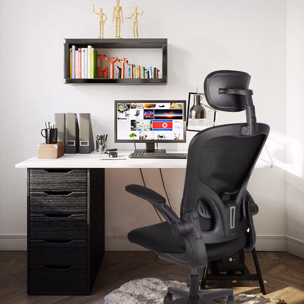 Sedia da ufficio Bigzzia, Sedia da ufficio con supporto lombare regolabile, Sedia da scrivania con schienale alto, Sedia ergonomica girevole, Sedia direzionale con poggiatesta e bracciolo pieghevole, Nero