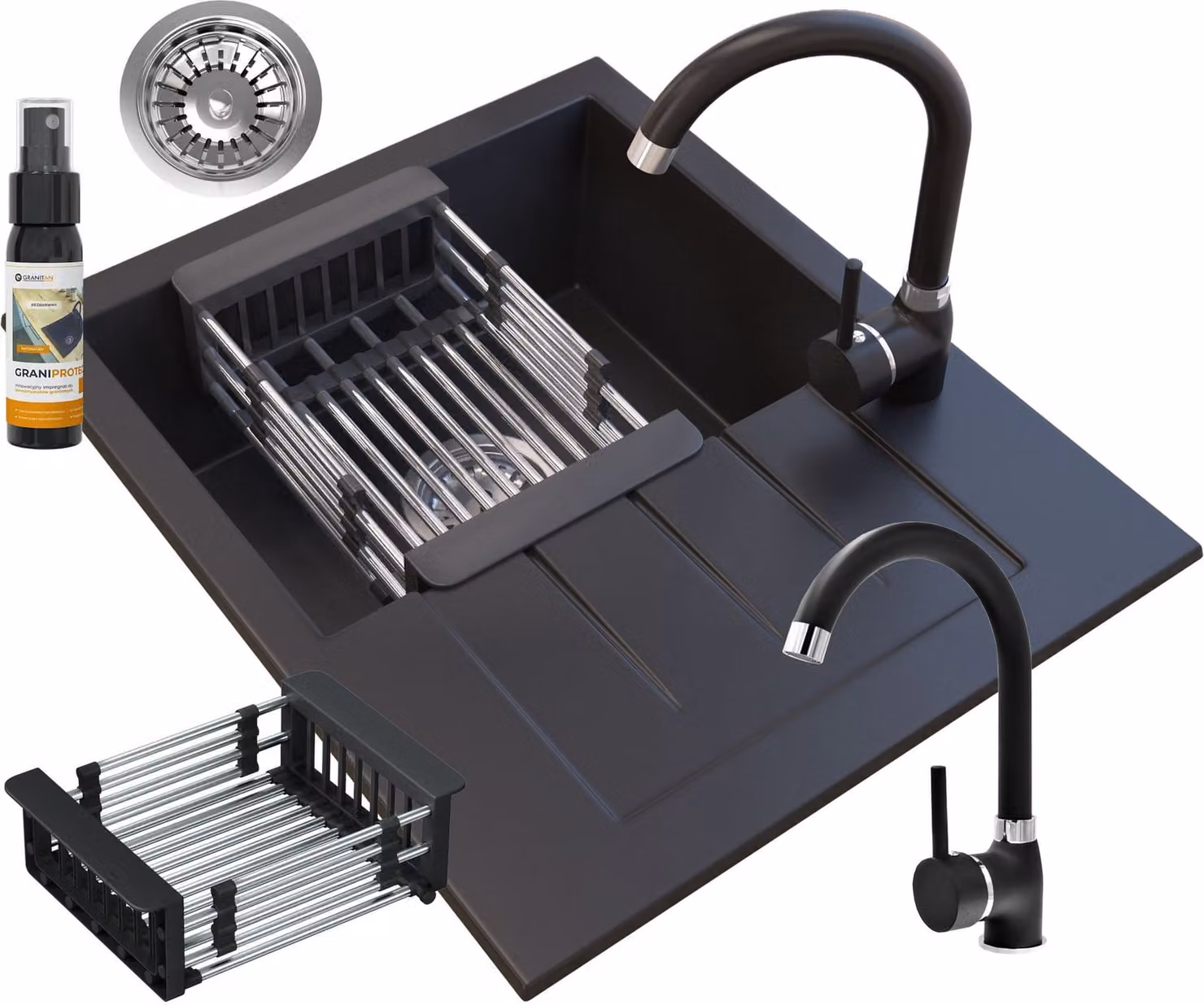 Granitan - Lavello in granito - Lavello da cucina - 57x46 cm - Nero - con rubinetteria BETA e scolapiatti - MILANO