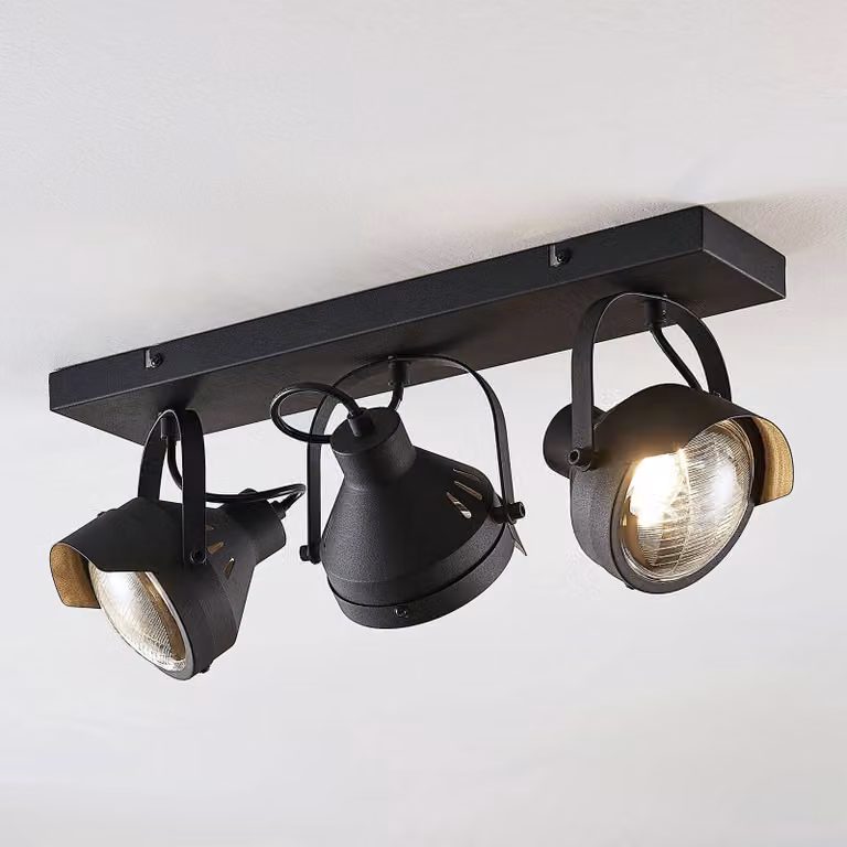 Faretto da soffitto Lindby Henega, 52 cm, nero, a 3 luci Henega Lindby, dimmerabile, Nero, Soggiorno / Sala da pranzo, Metallo, Industriale, Faretto
