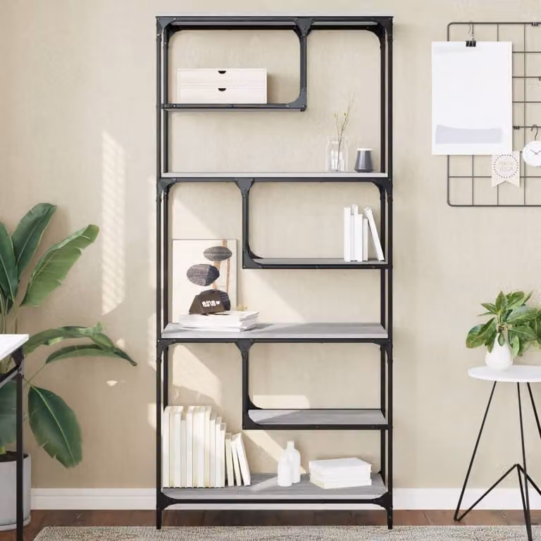 Libreria moderna vidaXL in legno e metallo, design geometrico, colore grigio, L 81 cm x P 36 cm x H 176 cm